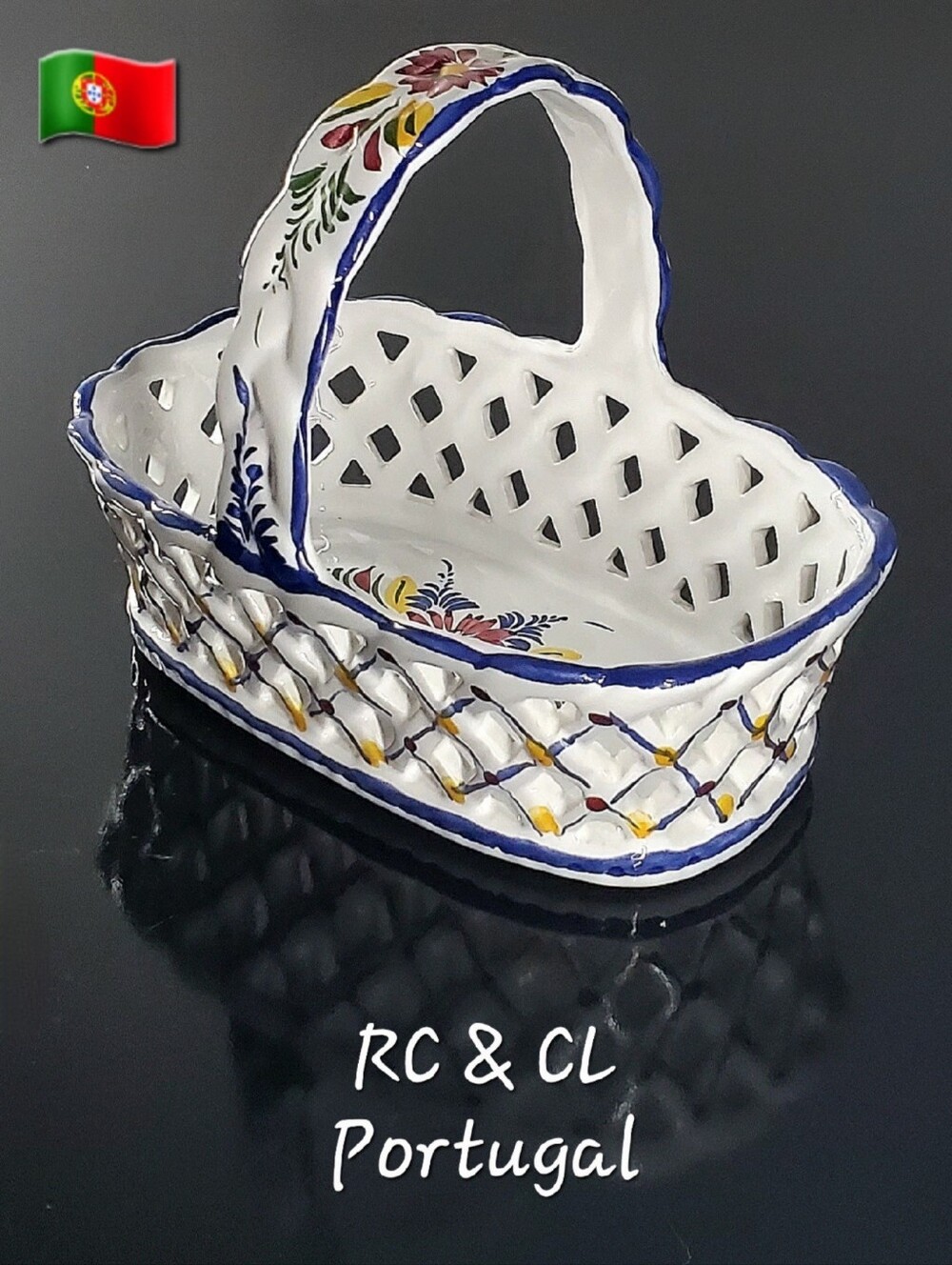 🇵🇹 White Ceramic Basket Lattice Weave Hand Painted Floral RC & CL Portugal